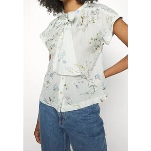 Scotch & Soda Floral Short Sleeve Scarf Neck Blouse White Size Medium